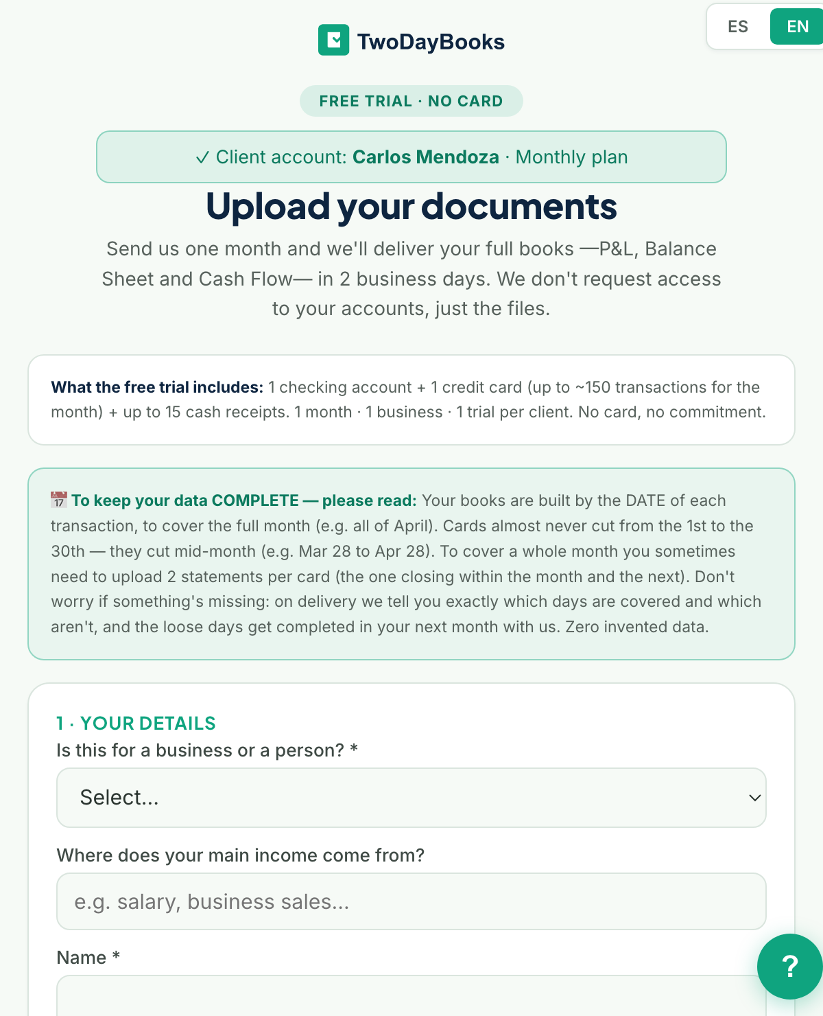 The TwoDayBooks upload page showing your account name, plan, and where to add your statements